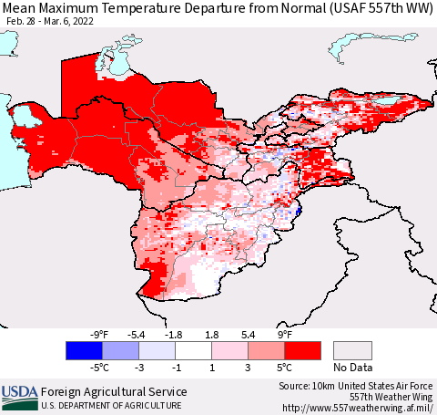 Central Asia Mean Maximum Temperature Departure from Normal (USAF 557th WW) Thematic Map For 2/28/2022 - 3/6/2022