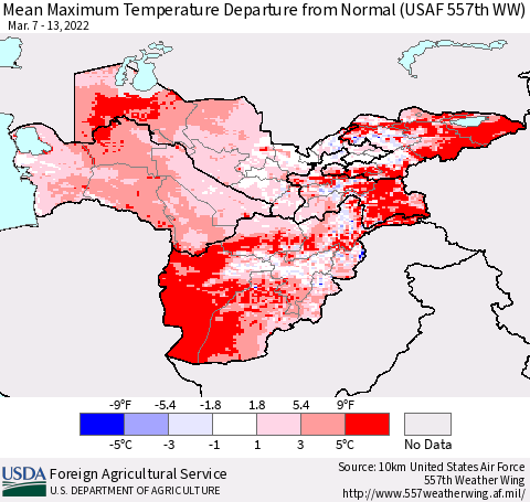 Central Asia Mean Maximum Temperature Departure from Normal (USAF 557th WW) Thematic Map For 3/7/2022 - 3/13/2022