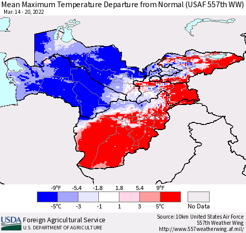 Central Asia Mean Maximum Temperature Departure from Normal (USAF 557th WW) Thematic Map For 3/14/2022 - 3/20/2022