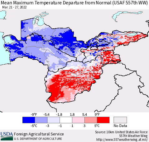 Central Asia Mean Maximum Temperature Departure from Normal (USAF 557th WW) Thematic Map For 3/21/2022 - 3/27/2022