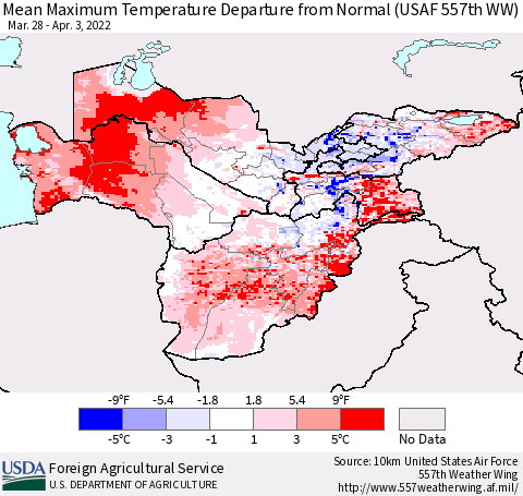 Central Asia Mean Maximum Temperature Departure from Normal (USAF 557th WW) Thematic Map For 3/28/2022 - 4/3/2022