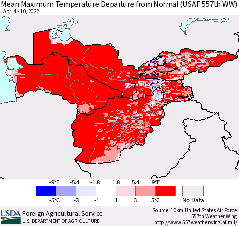 Central Asia Mean Maximum Temperature Departure from Normal (USAF 557th WW) Thematic Map For 4/4/2022 - 4/10/2022