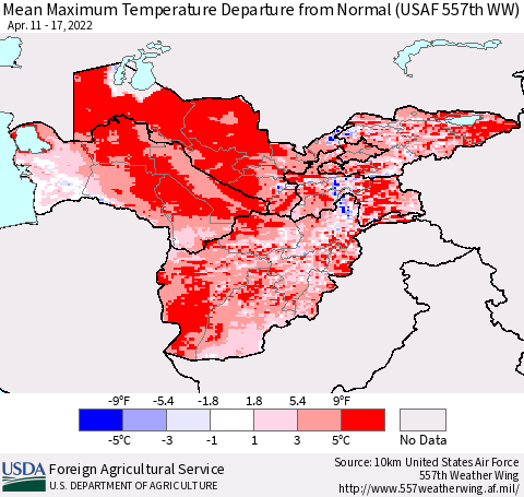 Central Asia Mean Maximum Temperature Departure from Normal (USAF 557th WW) Thematic Map For 4/11/2022 - 4/17/2022