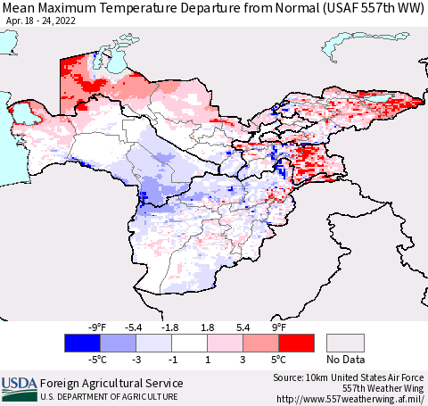 Central Asia Mean Maximum Temperature Departure from Normal (USAF 557th WW) Thematic Map For 4/18/2022 - 4/24/2022
