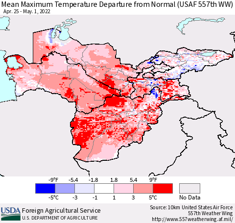 Central Asia Mean Maximum Temperature Departure from Normal (USAF 557th WW) Thematic Map For 4/25/2022 - 5/1/2022