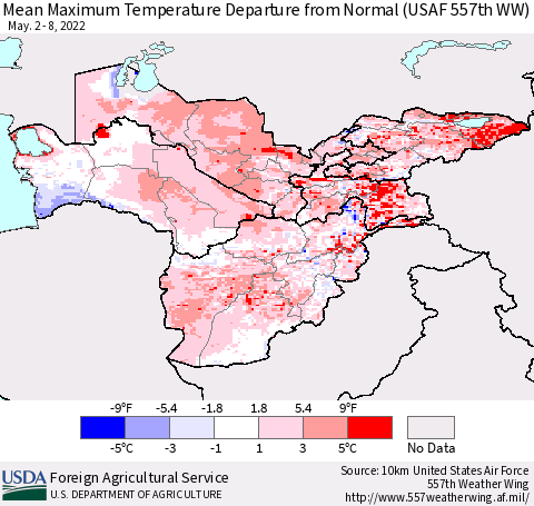 Central Asia Mean Maximum Temperature Departure from Normal (USAF 557th WW) Thematic Map For 5/2/2022 - 5/8/2022