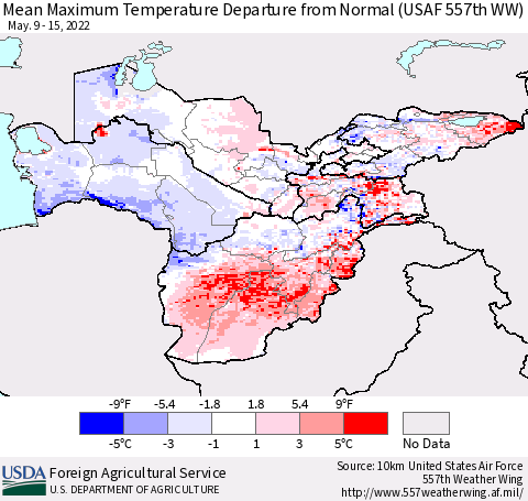 Central Asia Mean Maximum Temperature Departure from Normal (USAF 557th WW) Thematic Map For 5/9/2022 - 5/15/2022