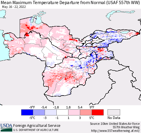 Central Asia Mean Maximum Temperature Departure from Normal (USAF 557th WW) Thematic Map For 5/16/2022 - 5/22/2022