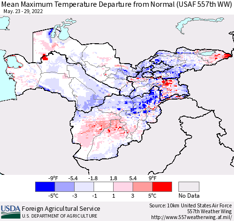 Central Asia Mean Maximum Temperature Departure from Normal (USAF 557th WW) Thematic Map For 5/23/2022 - 5/29/2022