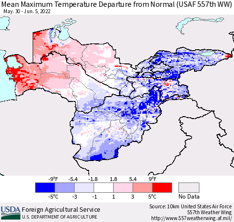 Central Asia Mean Maximum Temperature Departure from Normal (USAF 557th WW) Thematic Map For 5/30/2022 - 6/5/2022