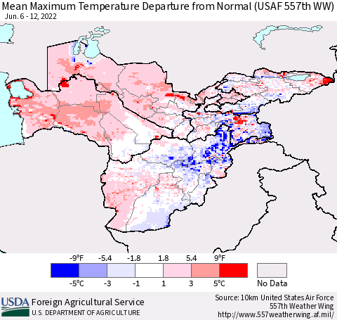 Central Asia Mean Maximum Temperature Departure from Normal (USAF 557th WW) Thematic Map For 6/6/2022 - 6/12/2022