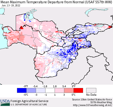 Central Asia Mean Maximum Temperature Departure from Normal (USAF 557th WW) Thematic Map For 6/13/2022 - 6/19/2022