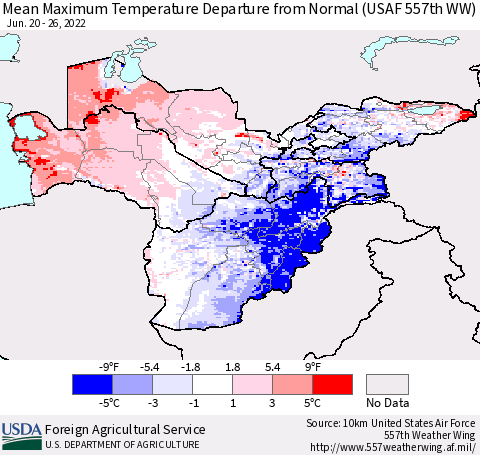 Central Asia Mean Maximum Temperature Departure from Normal (USAF 557th WW) Thematic Map For 6/20/2022 - 6/26/2022