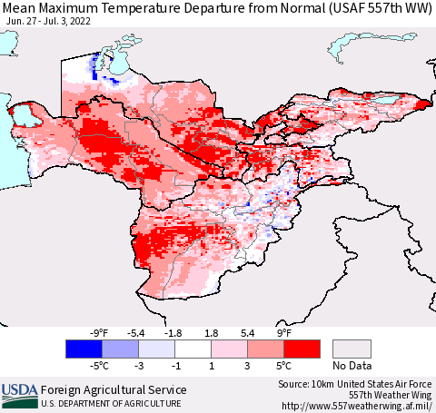 Central Asia Mean Maximum Temperature Departure from Normal (USAF 557th WW) Thematic Map For 6/27/2022 - 7/3/2022