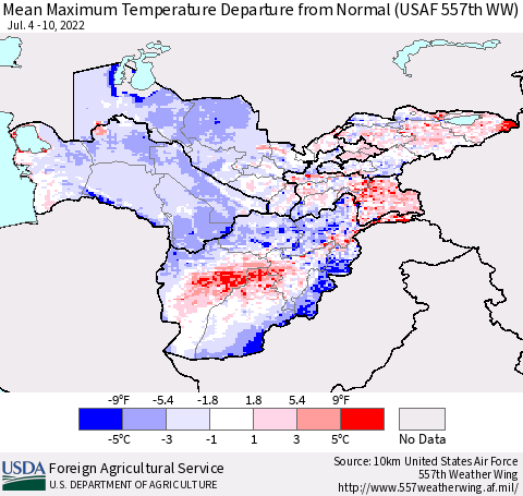 Central Asia Mean Maximum Temperature Departure from Normal (USAF 557th WW) Thematic Map For 7/4/2022 - 7/10/2022