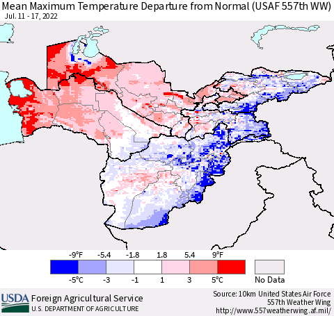 Central Asia Mean Maximum Temperature Departure from Normal (USAF 557th WW) Thematic Map For 7/11/2022 - 7/17/2022