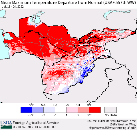 Central Asia Mean Maximum Temperature Departure from Normal (USAF 557th WW) Thematic Map For 7/18/2022 - 7/24/2022