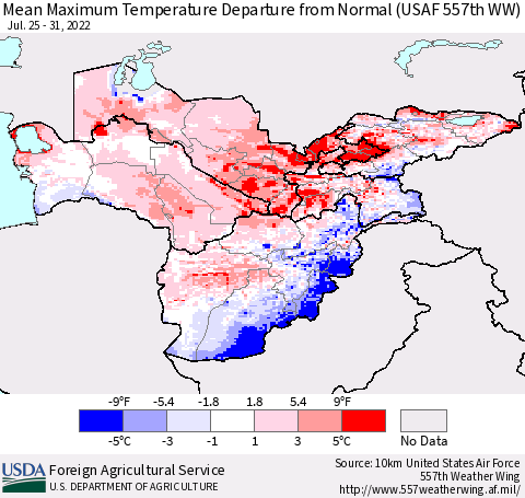 Central Asia Mean Maximum Temperature Departure from Normal (USAF 557th WW) Thematic Map For 7/25/2022 - 7/31/2022