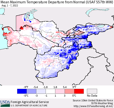 Central Asia Mean Maximum Temperature Departure from Normal (USAF 557th WW) Thematic Map For 8/1/2022 - 8/7/2022