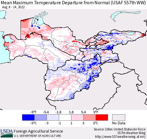 Central Asia Mean Maximum Temperature Departure from Normal (USAF 557th WW) Thematic Map For 8/8/2022 - 8/14/2022