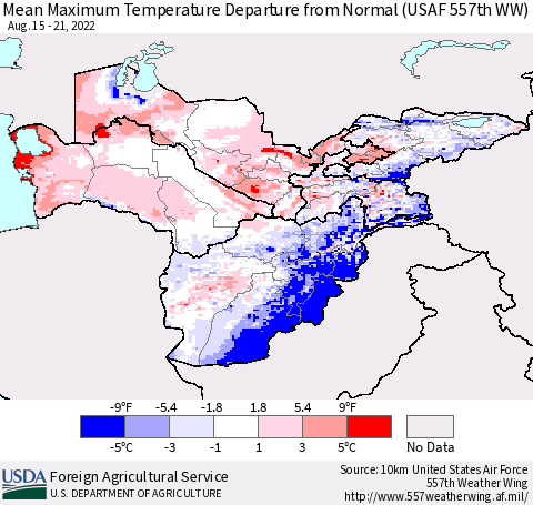 Central Asia Mean Maximum Temperature Departure from Normal (USAF 557th WW) Thematic Map For 8/15/2022 - 8/21/2022
