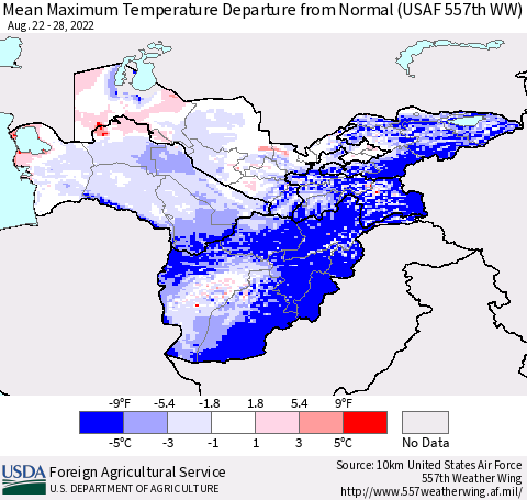 Central Asia Mean Maximum Temperature Departure from Normal (USAF 557th WW) Thematic Map For 8/22/2022 - 8/28/2022