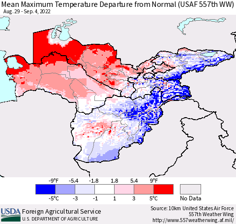 Central Asia Mean Maximum Temperature Departure from Normal (USAF 557th WW) Thematic Map For 8/29/2022 - 9/4/2022