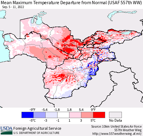 Central Asia Mean Maximum Temperature Departure from Normal (USAF 557th WW) Thematic Map For 9/5/2022 - 9/11/2022