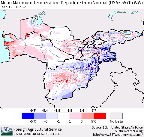 Central Asia Mean Maximum Temperature Departure from Normal (USAF 557th WW) Thematic Map For 9/12/2022 - 9/18/2022