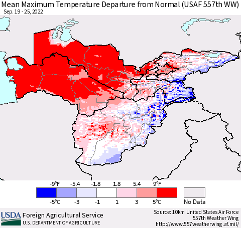 Central Asia Mean Maximum Temperature Departure from Normal (USAF 557th WW) Thematic Map For 9/19/2022 - 9/25/2022