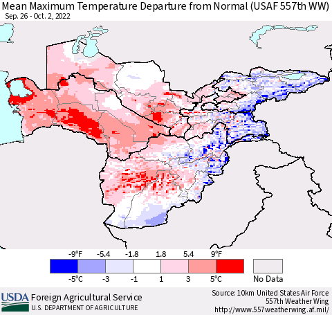 Central Asia Mean Maximum Temperature Departure from Normal (USAF 557th WW) Thematic Map For 9/26/2022 - 10/2/2022