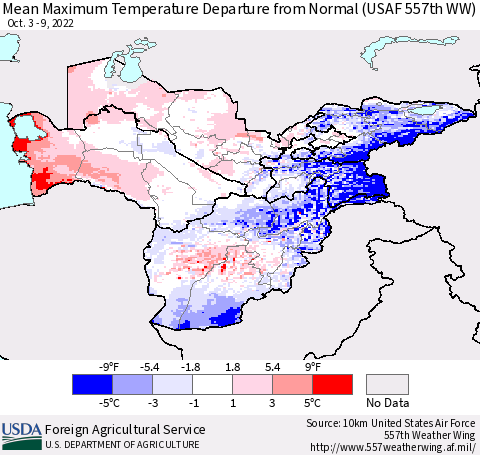 Central Asia Mean Maximum Temperature Departure from Normal (USAF 557th WW) Thematic Map For 10/3/2022 - 10/9/2022