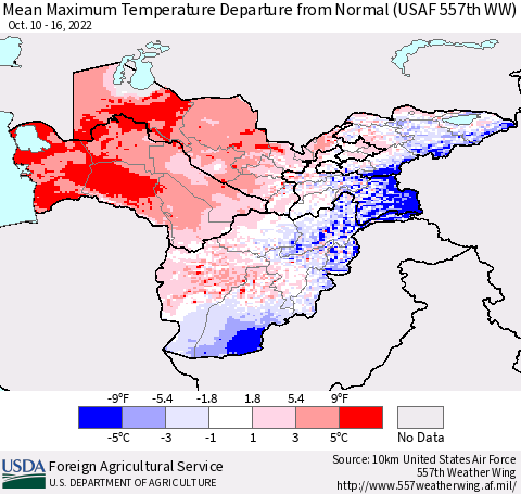Central Asia Mean Maximum Temperature Departure from Normal (USAF 557th WW) Thematic Map For 10/10/2022 - 10/16/2022
