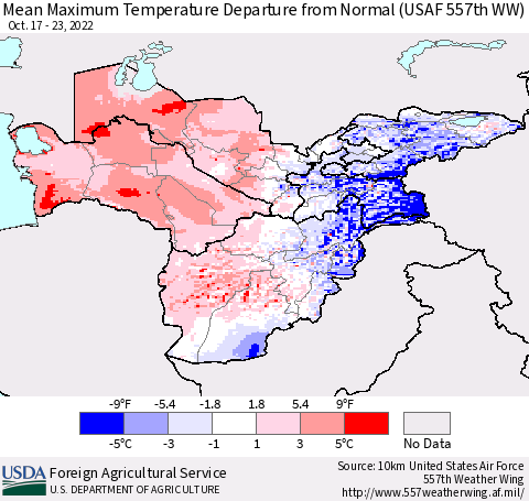 Central Asia Mean Maximum Temperature Departure from Normal (USAF 557th WW) Thematic Map For 10/17/2022 - 10/23/2022