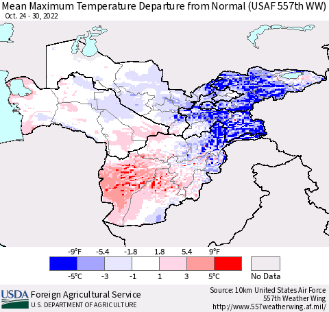 Central Asia Mean Maximum Temperature Departure from Normal (USAF 557th WW) Thematic Map For 10/24/2022 - 10/30/2022
