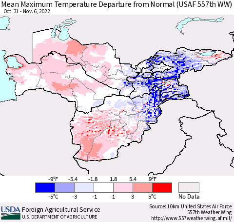 Central Asia Mean Maximum Temperature Departure from Normal (USAF 557th WW) Thematic Map For 10/31/2022 - 11/6/2022