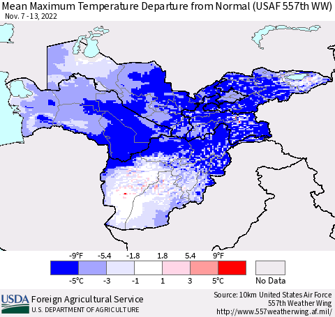 Central Asia Mean Maximum Temperature Departure from Normal (USAF 557th WW) Thematic Map For 11/7/2022 - 11/13/2022