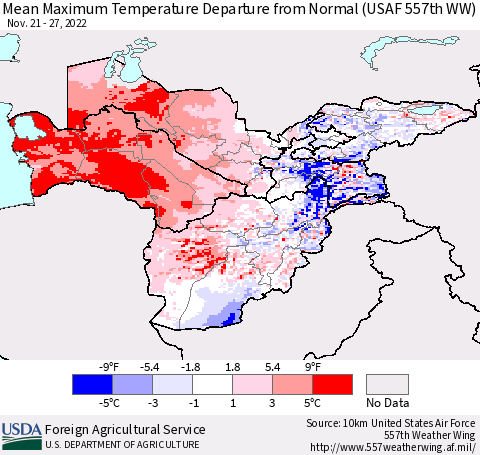 Central Asia Mean Maximum Temperature Departure from Normal (USAF 557th WW) Thematic Map For 11/21/2022 - 11/27/2022