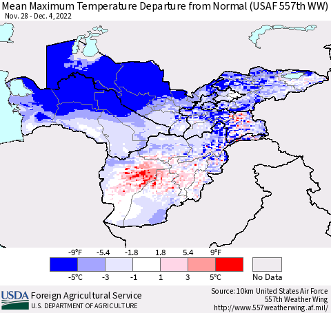 Central Asia Mean Maximum Temperature Departure from Normal (USAF 557th WW) Thematic Map For 11/28/2022 - 12/4/2022