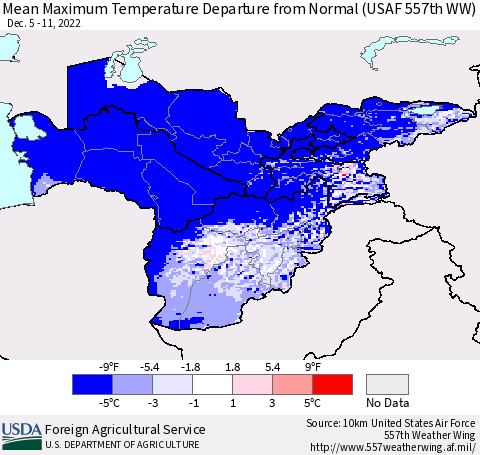 Central Asia Mean Maximum Temperature Departure from Normal (USAF 557th WW) Thematic Map For 12/5/2022 - 12/11/2022