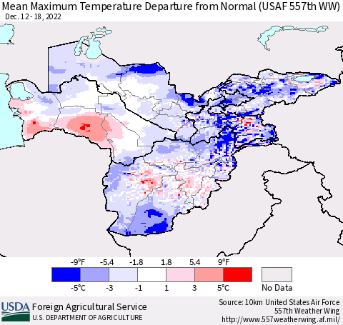 Central Asia Mean Maximum Temperature Departure from Normal (USAF 557th WW) Thematic Map For 12/12/2022 - 12/18/2022