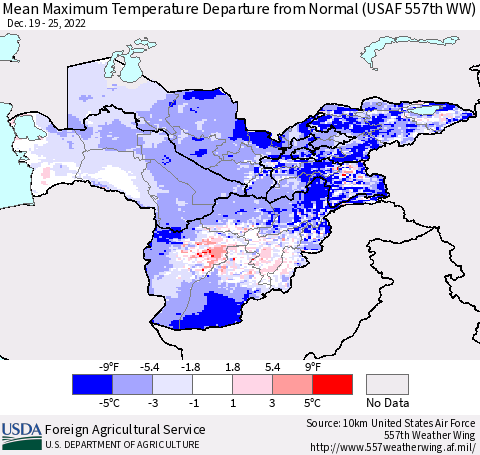 Central Asia Mean Maximum Temperature Departure from Normal (USAF 557th WW) Thematic Map For 12/19/2022 - 12/25/2022