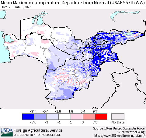 Central Asia Mean Maximum Temperature Departure from Normal (USAF 557th WW) Thematic Map For 12/26/2022 - 1/1/2023