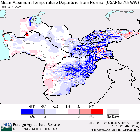 Central Asia Mean Maximum Temperature Departure from Normal (USAF 557th WW) Thematic Map For 4/3/2023 - 4/9/2023