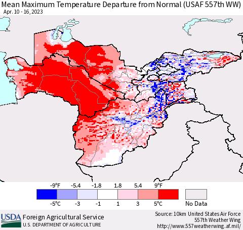 Central Asia Mean Maximum Temperature Departure from Normal (USAF 557th WW) Thematic Map For 4/10/2023 - 4/16/2023
