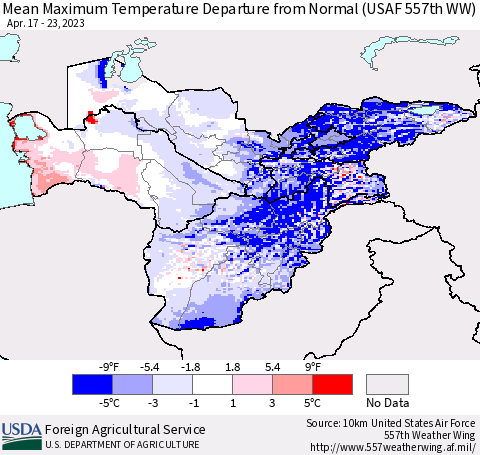 Central Asia Mean Maximum Temperature Departure from Normal (USAF 557th WW) Thematic Map For 4/17/2023 - 4/23/2023