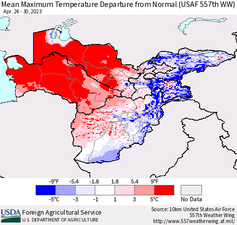 Central Asia Mean Maximum Temperature Departure from Normal (USAF 557th WW) Thematic Map For 4/24/2023 - 4/30/2023