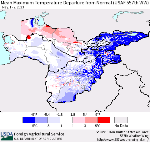 Central Asia Mean Maximum Temperature Departure from Normal (USAF 557th WW) Thematic Map For 5/1/2023 - 5/7/2023