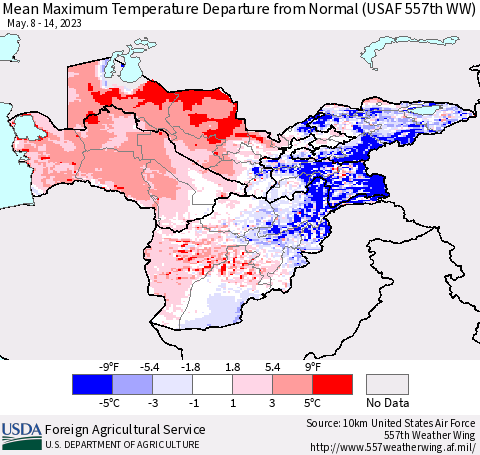 Central Asia Mean Maximum Temperature Departure from Normal (USAF 557th WW) Thematic Map For 5/8/2023 - 5/14/2023