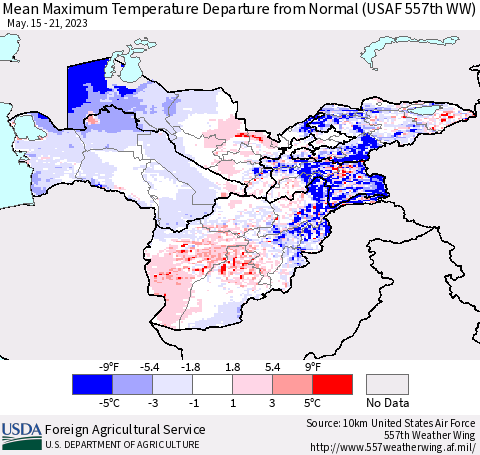Central Asia Mean Maximum Temperature Departure from Normal (USAF 557th WW) Thematic Map For 5/15/2023 - 5/21/2023